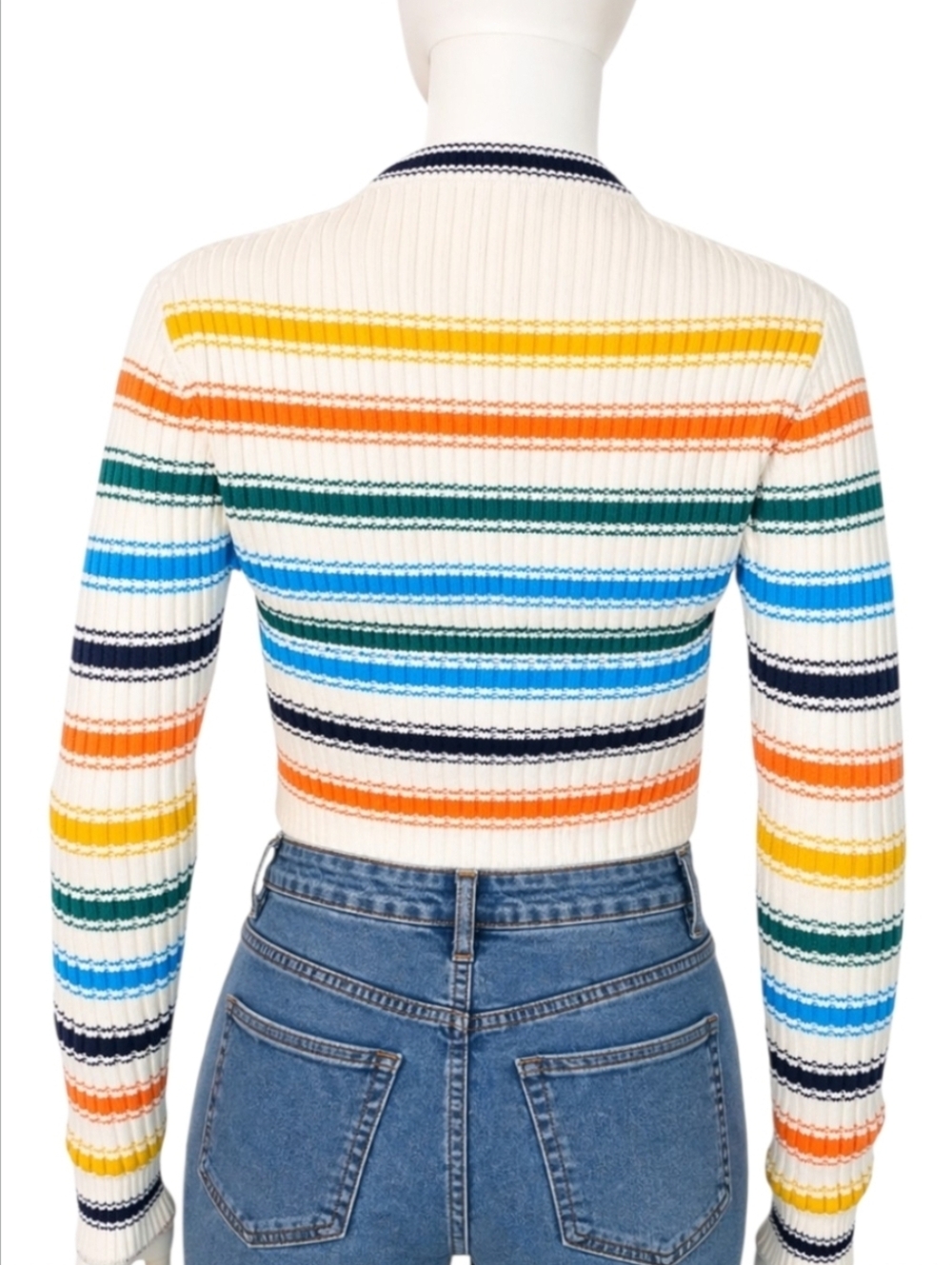 ROSIE ASSOULIN | Rainbow Striped Cutout Wool Cropped Sweater XS - Picture 4 of 11